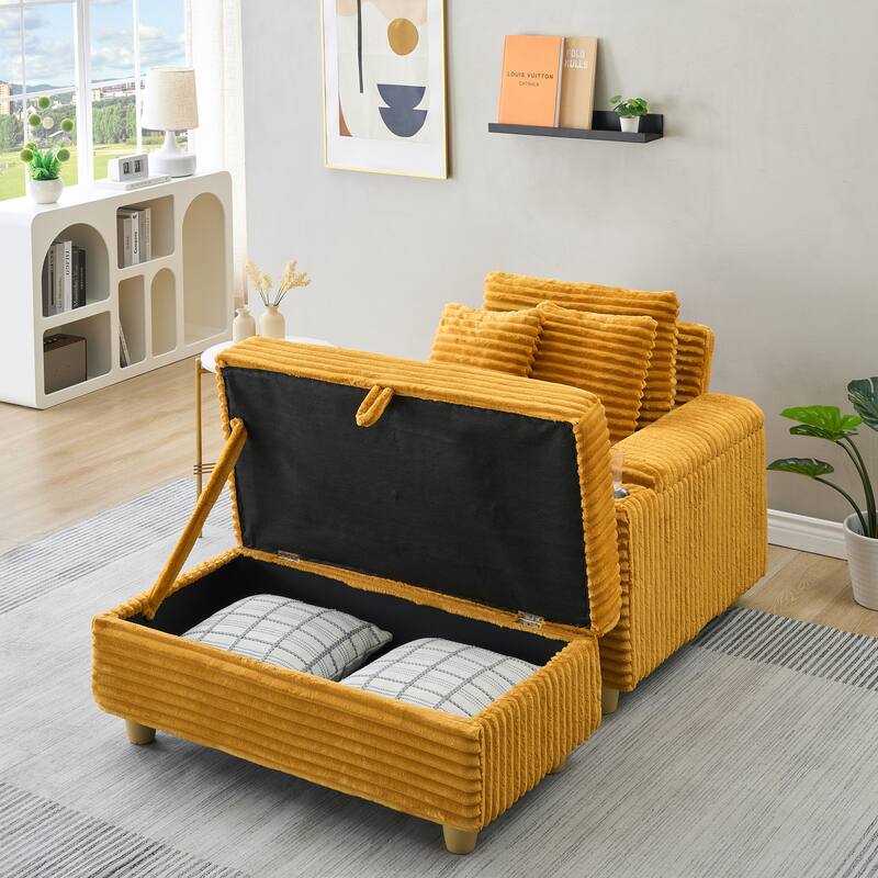 Corduroy Accent Chair & Storage Ottoman Set of 2, Single Sofa Armchair Lounge Chair with Pillows & Cup Holders
