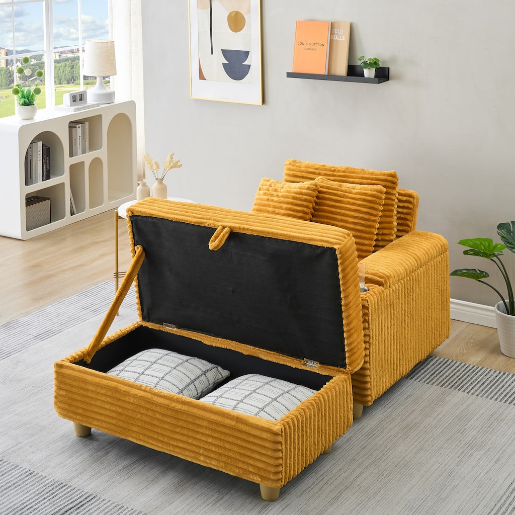 Orange Corduroy Single Sofa with Storage and Pillows, 57x41x31 inches