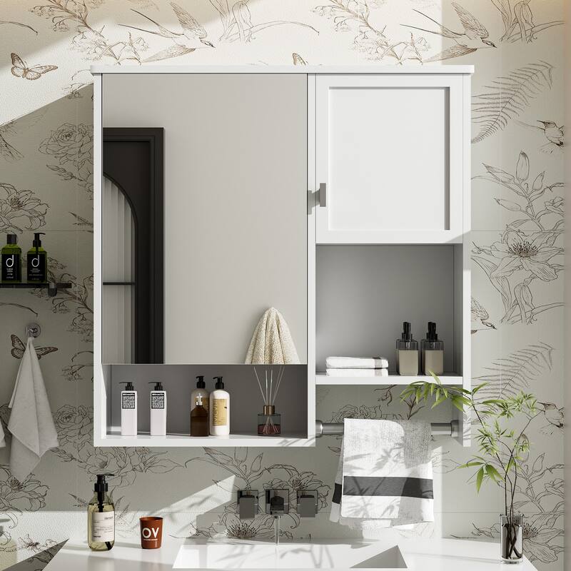 GDFStudio - Linton Modern Wall-Mounted Bathroom Medicine Cabinet with Mirror, Adjustable Shelves and Towels Bar - 29'' x 28'' - White