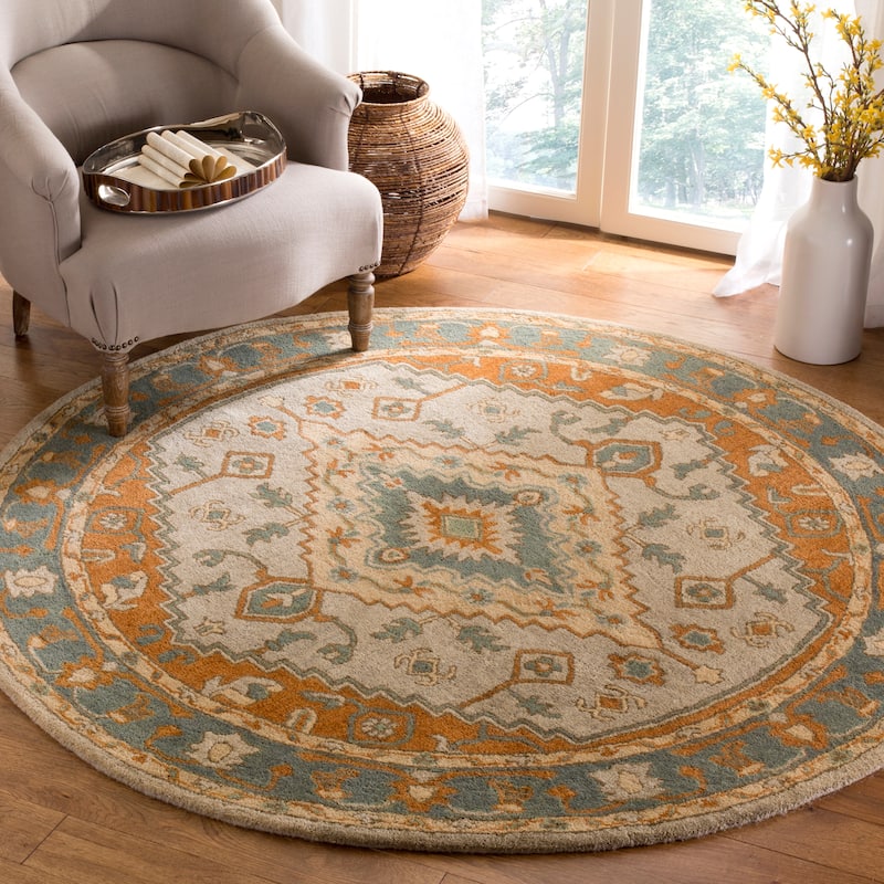 SAFAVIEH Handmade Heritage Seaflora Traditional Oriental Wool Rug - 6' Round - Light Blue/Rust