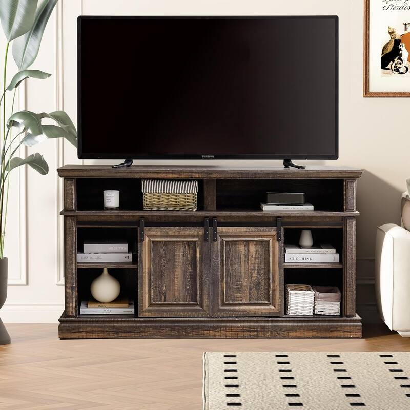 Roomfitters Mid Century Modern Media Console Table, Storage Cabinet, Multipurpose Sliding Door TV Cabinet - Antique brown