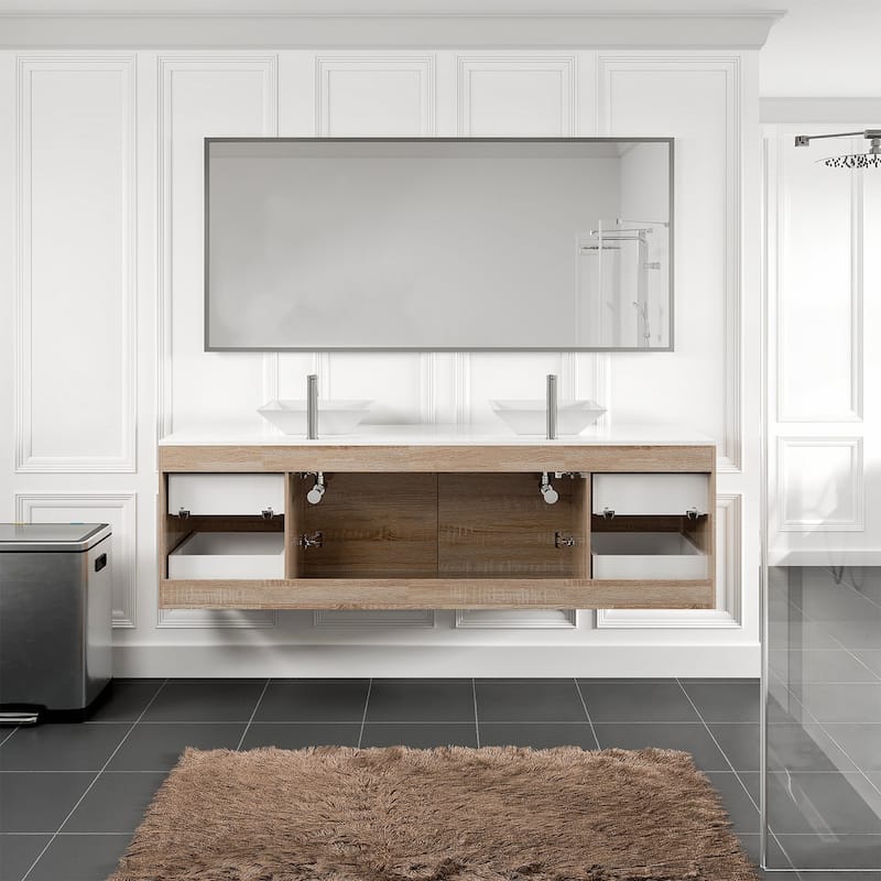 Luxy 72" White Oak Double Vessel Sink Bath Vanity with Quartz Top