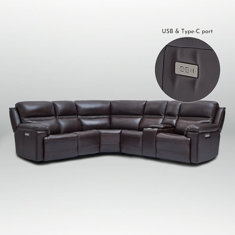 6PCS, 2 power Recliners, Dual-Power Genuine Leather Reclining Sectional with USB&Type-C Ports