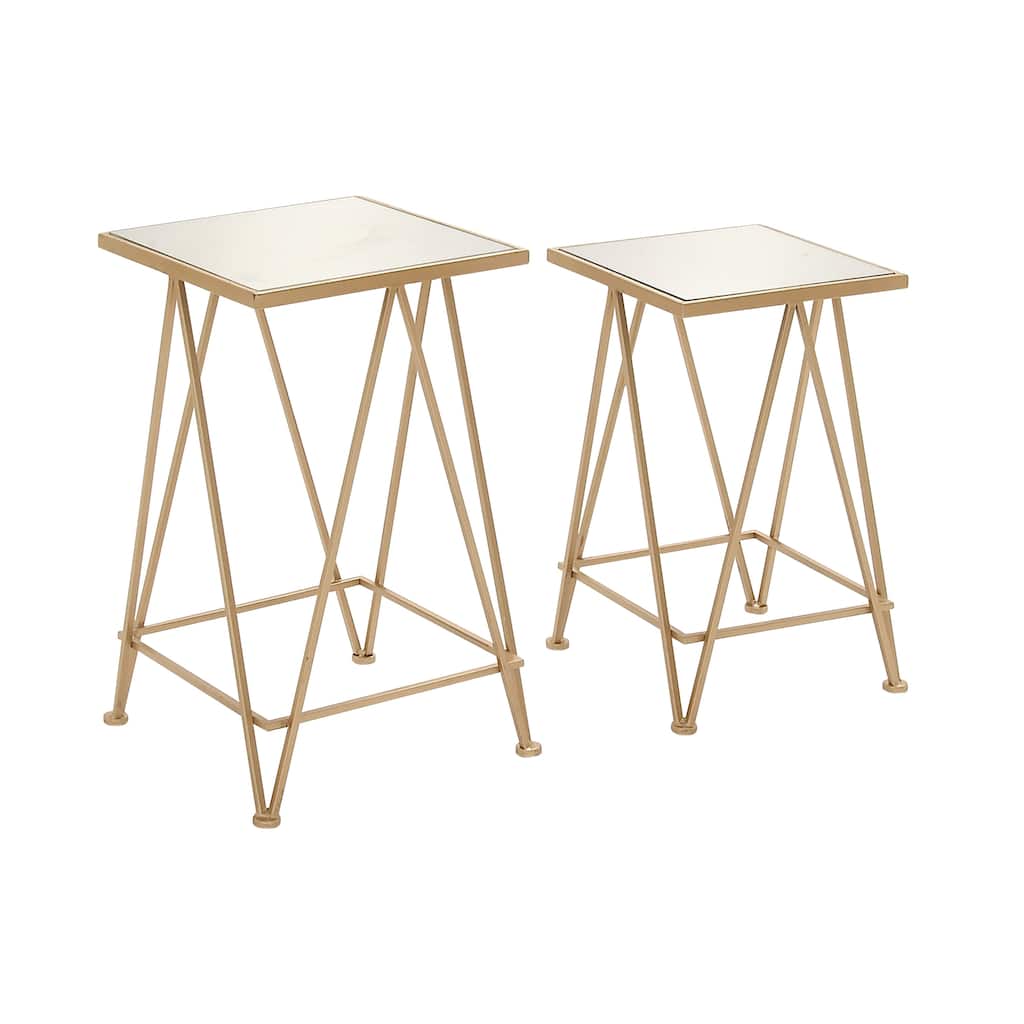 Metal Geometric Square Accent Table with Mirrored Glass Top - Set of 2 Gold - Roche River Decor - 15"W x 15"L x 26"H