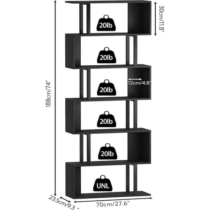 S-Shaped Bookshelf, Black Geometric Bookcase for Home & Office