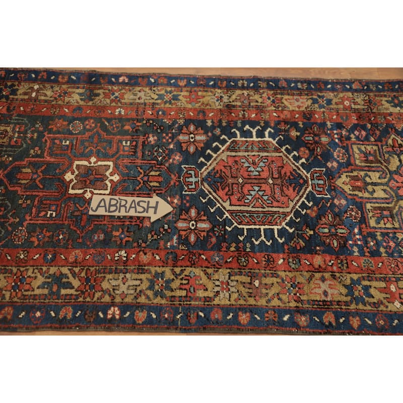 Hand Knotted Oriental 100% Wool Carpet Traditional Tribal Navy Blue & Blues Heriz (serapi) Runner Rug - 14' 5'' X 3' 1''