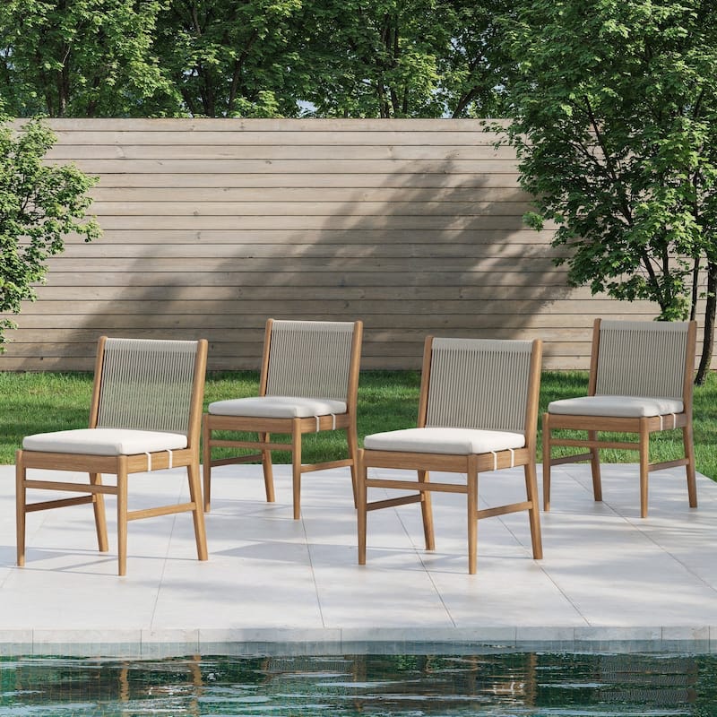 Kayden Outdoor Dining Chair or Bar Stool, Porch Chair with Solid Wood Acacia Wood Frame, Foam Cushion and Woven Rope Backrest - Dining Chair - Set of 4