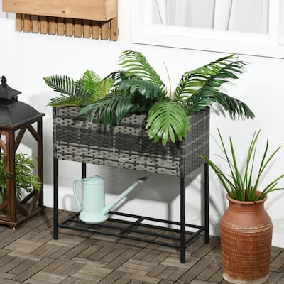 Outsunny Elevated Metal Raised Garden Bed with Rattan Wicker Look, Underneath Tool Storage Rack