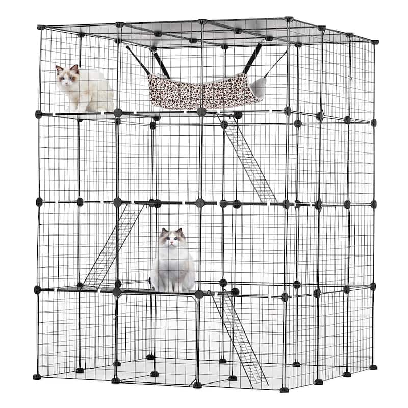 Black 2-Tier Cat Cage with 3 Doors Steel Wire Ramp, Spacious & Sturdy