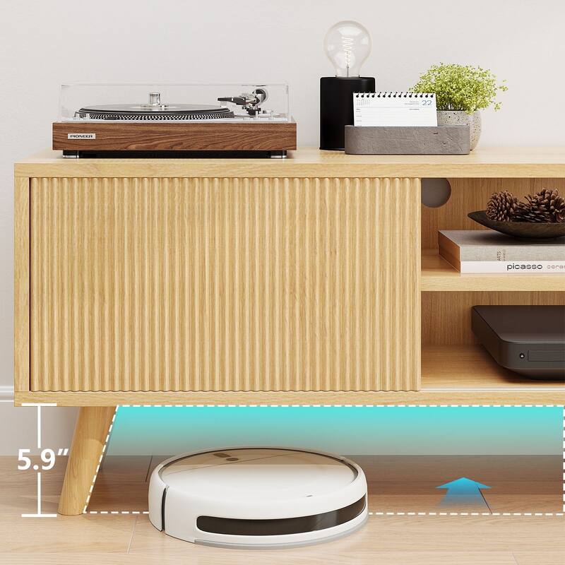 Gymojoy 63" TV Stand for TVs Up to 75 Inches, Boho Entertainment Center with Fluted Sliding Doors & Shelves. - 63"W.