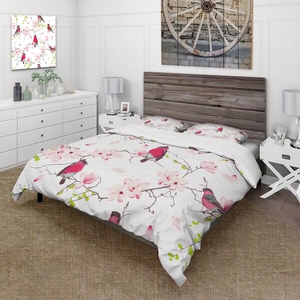 slide 1 of 5, Designart 'Red Bullfinches On Magnolia Tree' Traditional Duvet Cover Set