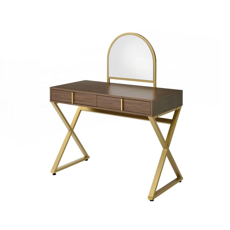 Coleen Walnut & Gold Finish Vanity Desk - Walnut