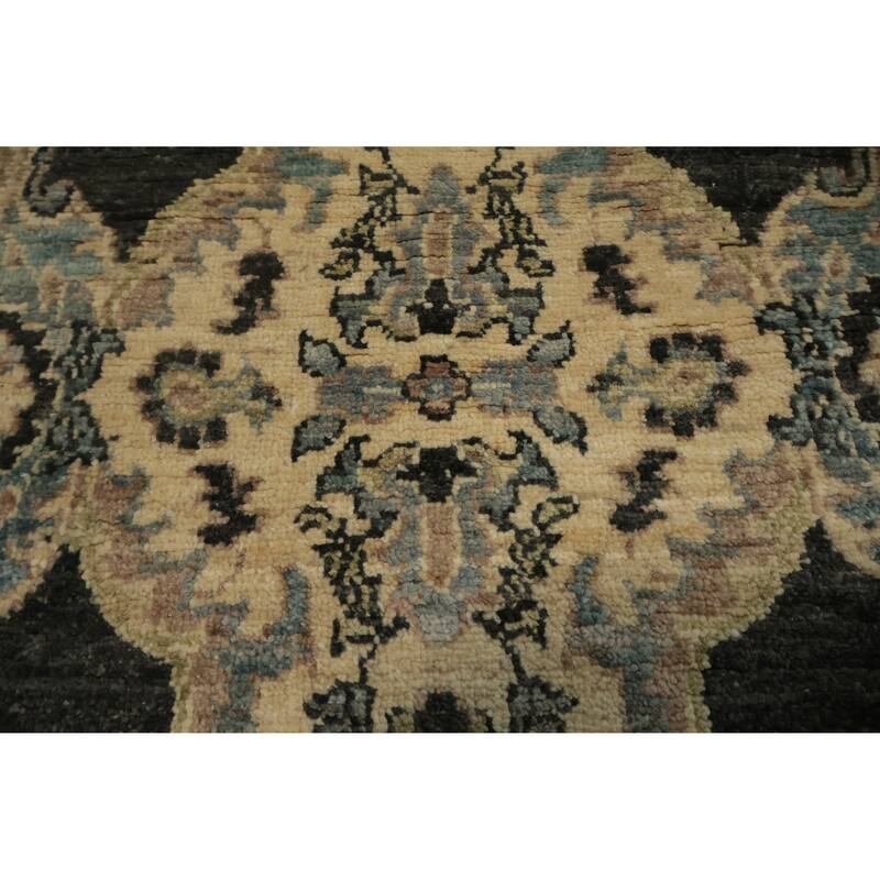 Hand Knotted Oriental 100% Wool Carpet Transitional Floral Greys & Charcoal Oushak Runner Rug - 9' 5'' X 2' 6''