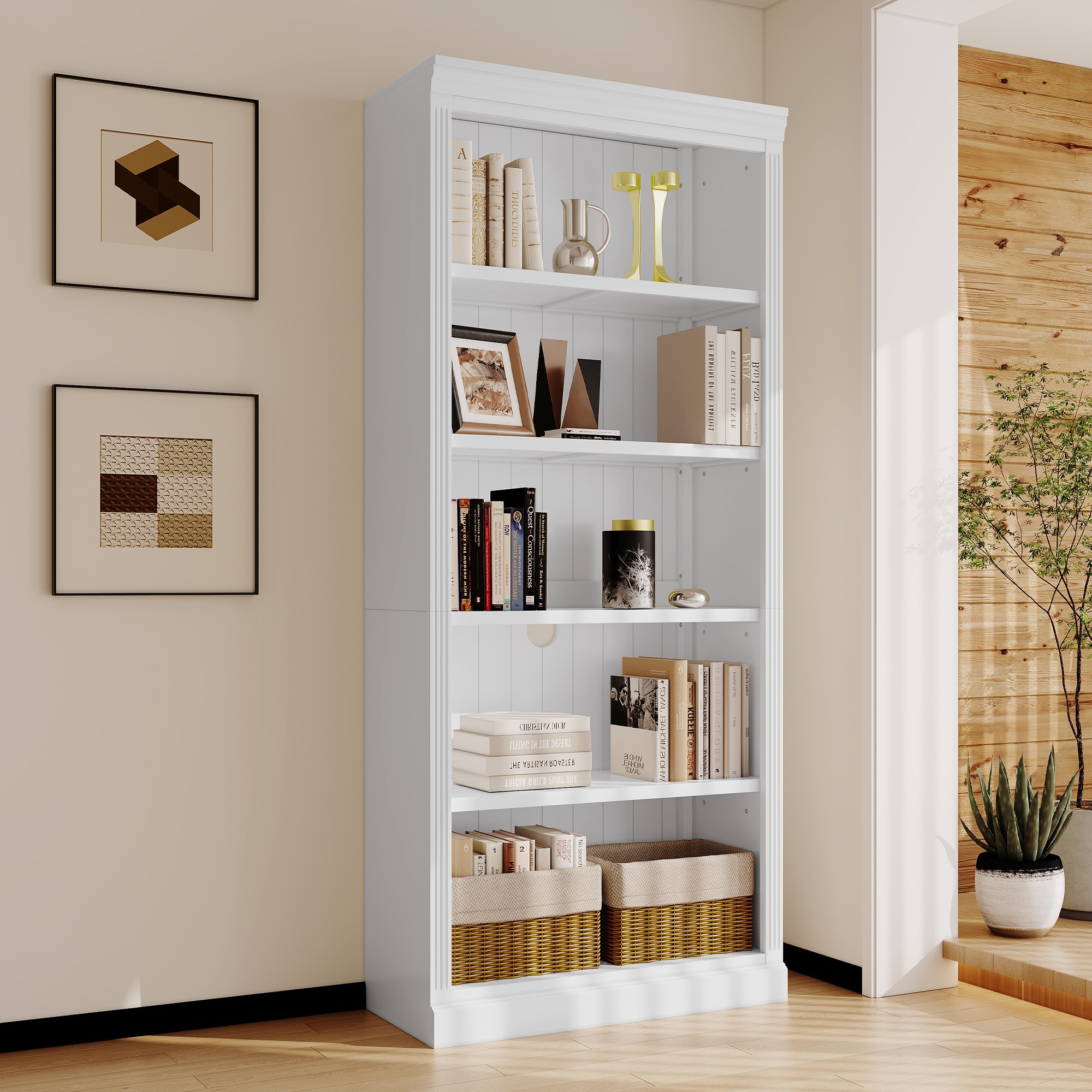 83.4" Tall Wood Bookshelves with Adjustable Storage Shelves, Modern 5-Tier Display Movies Free Standing Storage Shelves