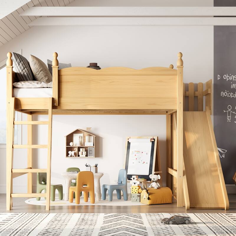 Modern High Loft Beds with Full Length Guardrails, Solid Wood Storage Loft Bed Frame with Detachable Slide and Ladders - Natural - Queen