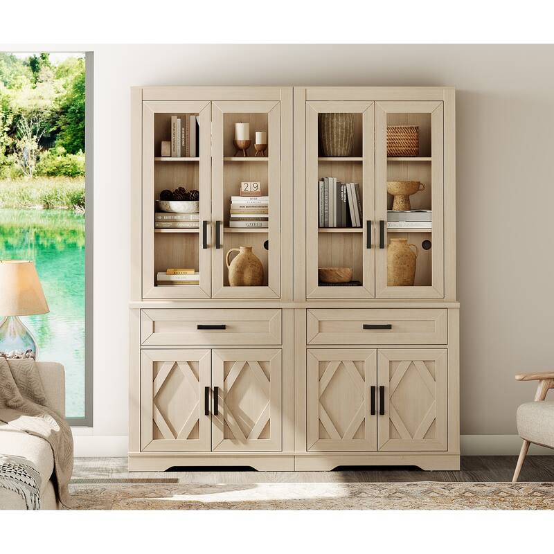 5 Tier Bookcase with Barn Door,73.3" Tall Open Storage Bookshelf - Beige