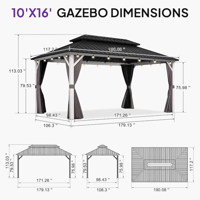 PURPLE LEAF Patio Hardtop Gazebo for Outdoor Grey Galvanized Steel Double Roof White Aluminum Poles