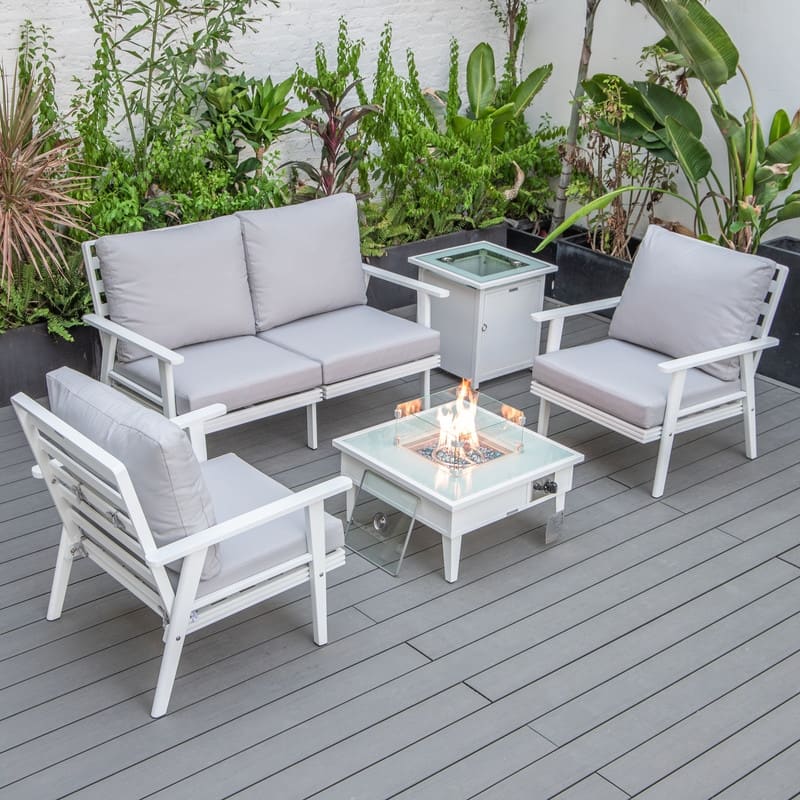 Walbrooke Modern 4-Piece Aluminum Patio Polyester Seating Furniture Set with 37,000 BTU Propane Fire Pit Table and Tank Holder