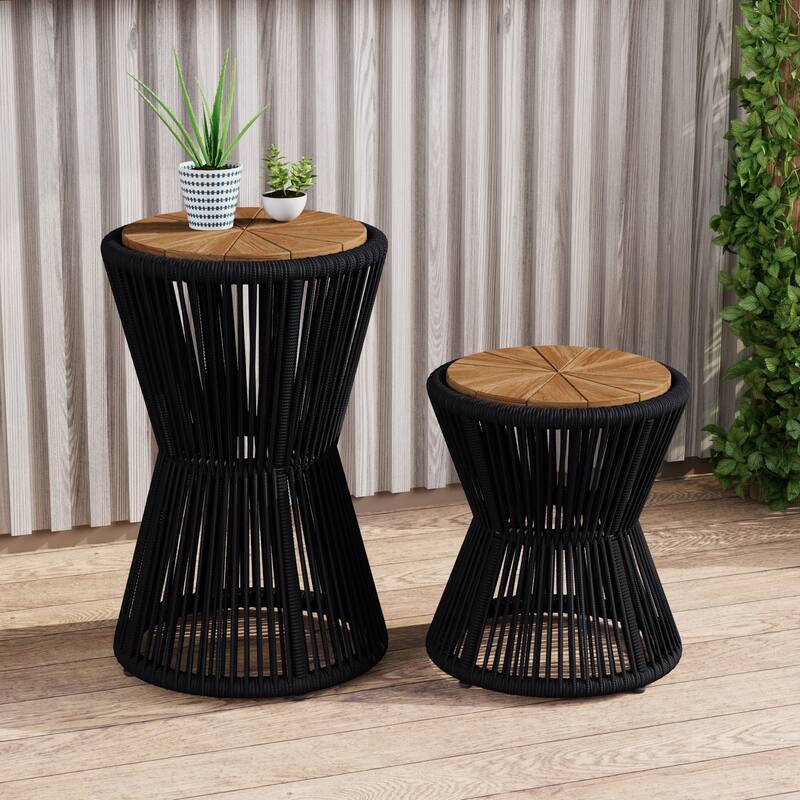 Scott Living - Nara Modern Outdoor Acacia Wood and Woven Rope Sculptural Side Table, Set of 2 - 32.28"L - Black,Teak finish