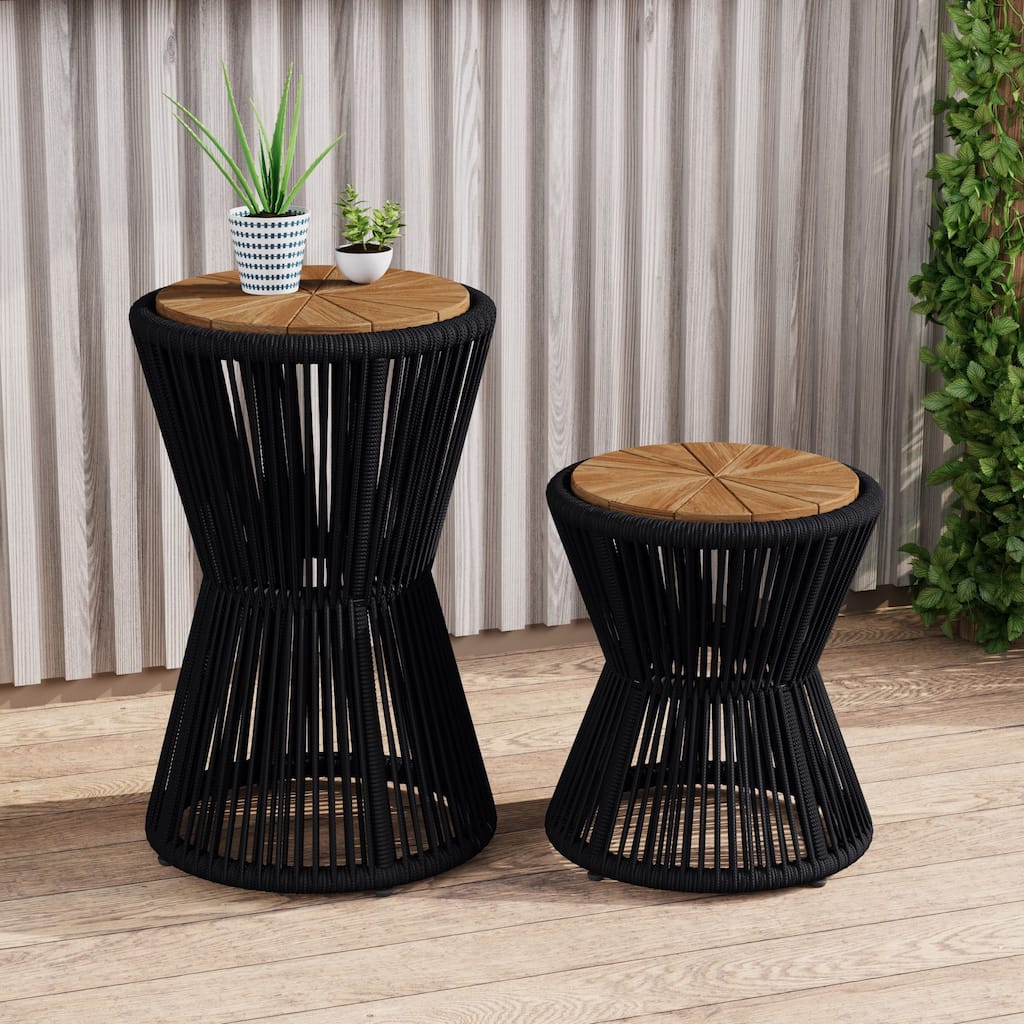 Scott Living - Nara Modern Outdoor Acacia Wood and Woven Rope Sculptural Side Table, Set of 2 - 32.28"L