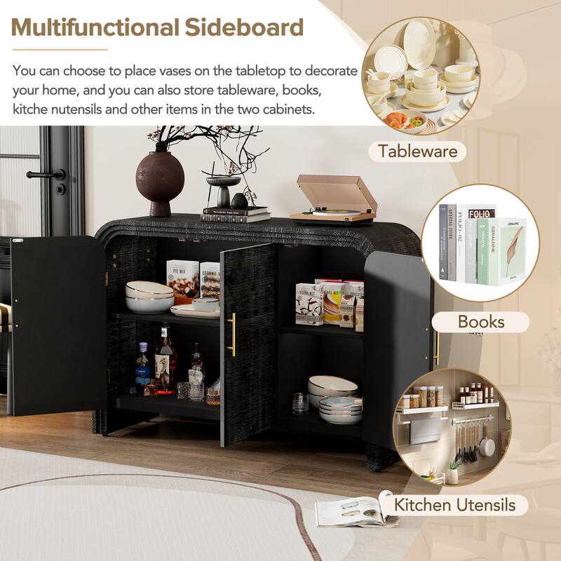 Anmytek Retro Minimalist Curved Sideboard Adjustable Shelves Gold Handles Antique Black