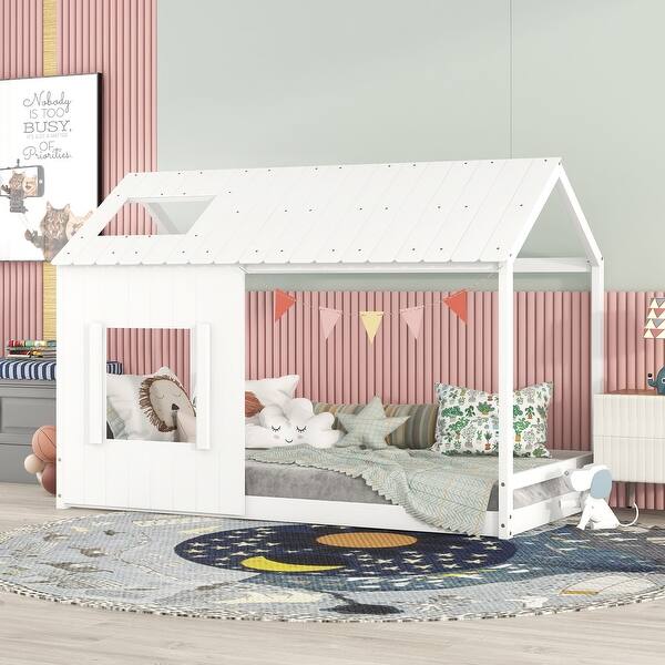 slide 2 of 36, Modern Twin Pine House Bed with Roof, Window, Sturdy Construction White