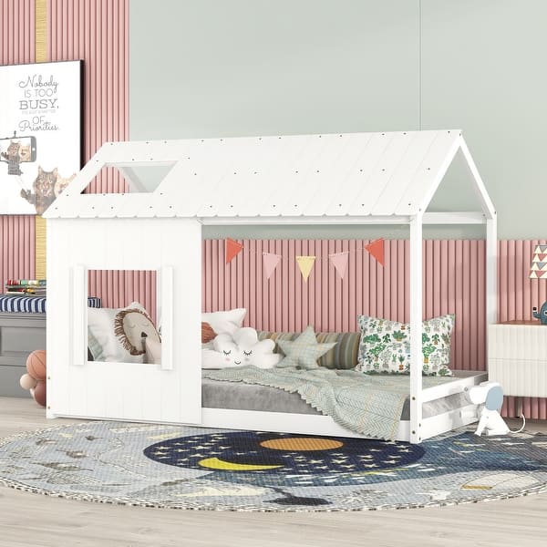 slide 2 of 36, Modern Twin Size Pine Wood House Bed with Roof and Window, Sturdy Construction White