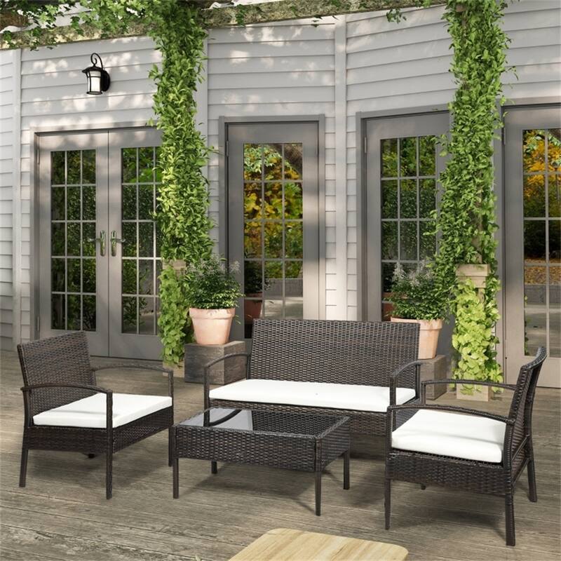 4-Piece Outdoor Patio Furniture Set PE Rattan Sofa Chairs and Tempered Glass Table with Cushions for Garden Balcony Porch