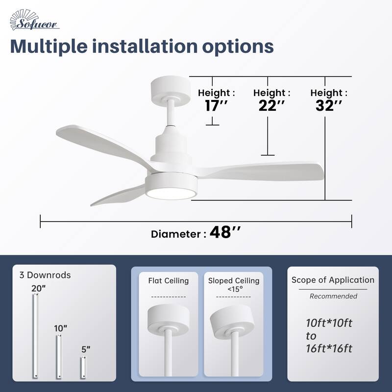 Modern Ceiling Fan With Light Smart Life APP Remote Control Timer For Alexa Google Bedroom Farmhouse - 48inch - White