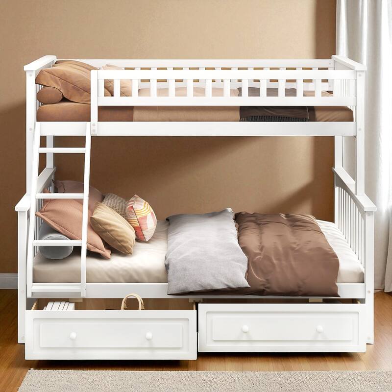 Twin over Full Bunk Bed with Drawers, Convertible to 2 Beds, Pine/MDF, Staircase & Guardrails, 79.7 x 57.5 x 61.2 in