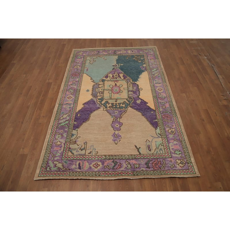 Hand Knotted Oriental 100% Wool Carpet Transitional Medallion Purples Oushak Area Rug - 6' 7'' X 4' 3''