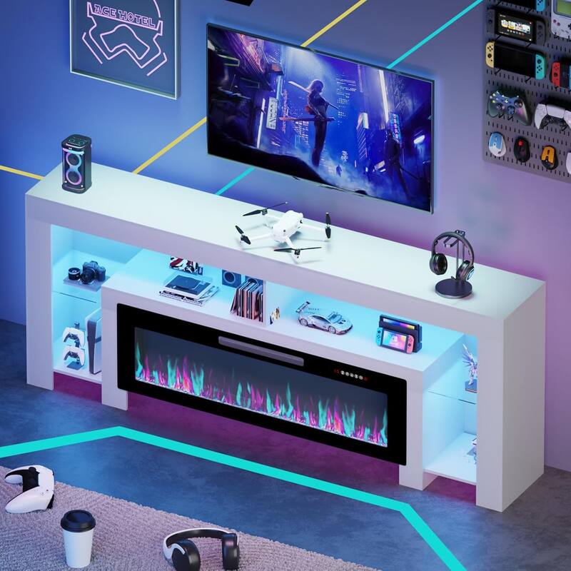 BOSSIN 82" Fireplace TV Stand with 50" Fireplace, Entertainment Center for TVs Up to 90", Console Cabinet With LED Light