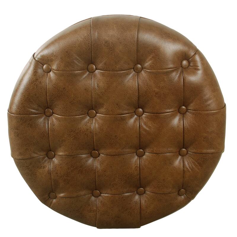 Gery 25 Inch Round Accent Storage Ottoman with Tray Top in Brown Faux Leather