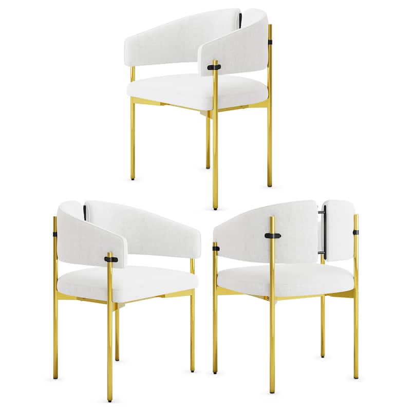 Classic and Luxurious Barrel Dining Chairs with Arms - Set of 3 - Polished Gold And White
