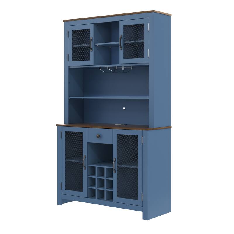 Kitchen Pantry Cabinet with LED Light, Built-in Power & USB Outlets, Kitchen Hutch Cabinet with Doors, Wine Rack & Shelves