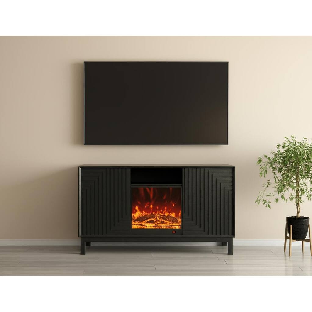 HomeRoots 58" Black Ribbed Texture Wood Enclosed and Open Storage TV Stand With Fireplace - 58.27 in. x 30.71 in. x 15.35 in.