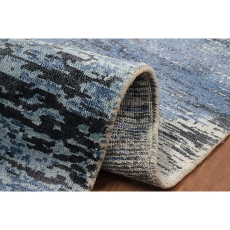 Hand Knotted Oriental Viscose Silk Carpet Modern Pictorial Navy Blue & Blues Abstract Area Rug - 7' 10'' X 5' 8''