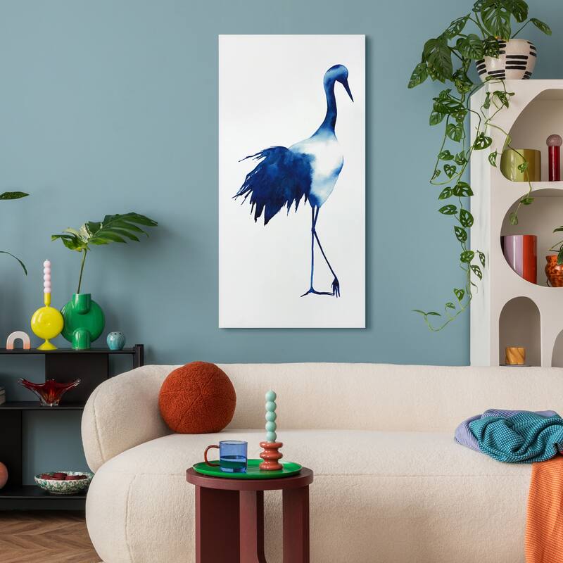 "Ink Drop Crane" Glass Wall Art Printed on Frameless Free Floating Tempered Glass Panel - Blue