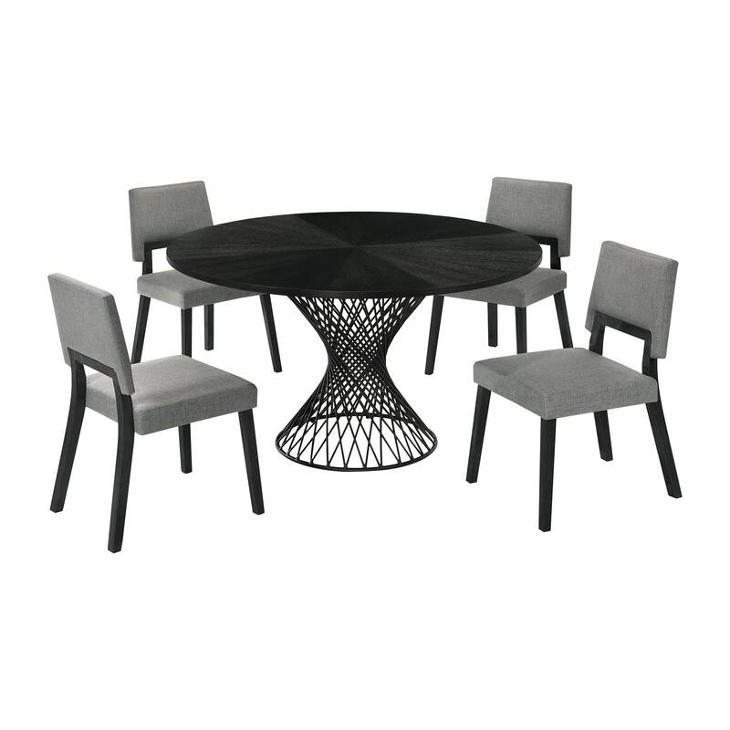 Dining Set of 5 with Round Table and 4 Chairs, Charcoal Fabric, Black - Black, Gray