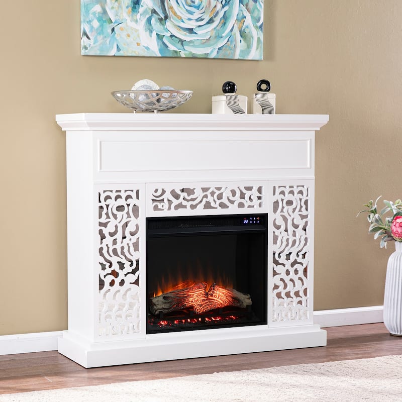 SEI Furniture Westmont Contemporary White Wood Electric Fireplace - White w/ Mirrored Reflector Firebox