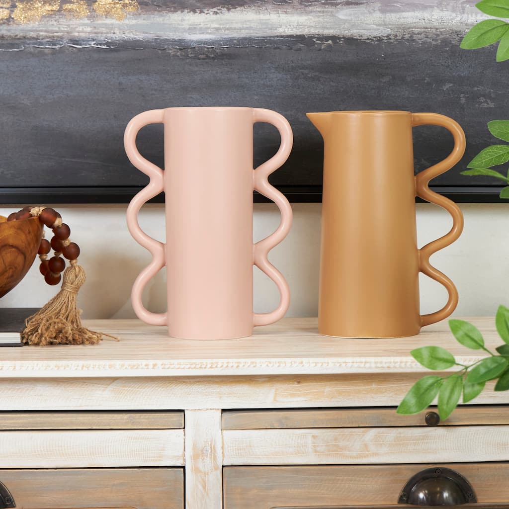 CosmoLiving by Cosmopolitan Multi Colored Ceramic Geometric Vase with Varying Shapes and Wavy Handles (Set of 2)