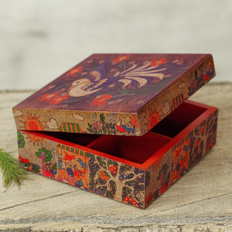Novica Handmade Folk Art Dove Decoupage Wood Jewelry Box - Red