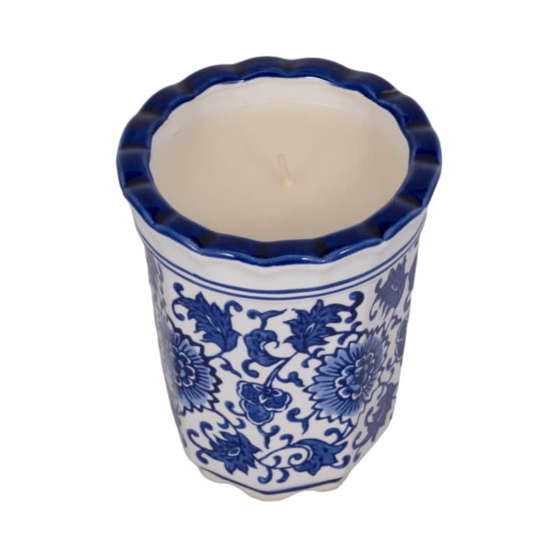 Sagebrook Home Ceramic Wax Fluted Chinoiserie Candle, 4-Inch, 7oz Blue/White - 4" x 4" x 6"