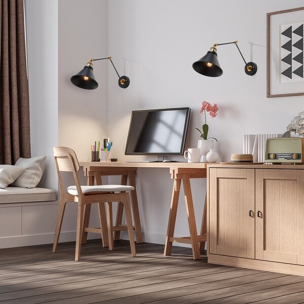 LALUZ Modern Black Gold Swing Arm Lights Wall Sconces for Bedroom