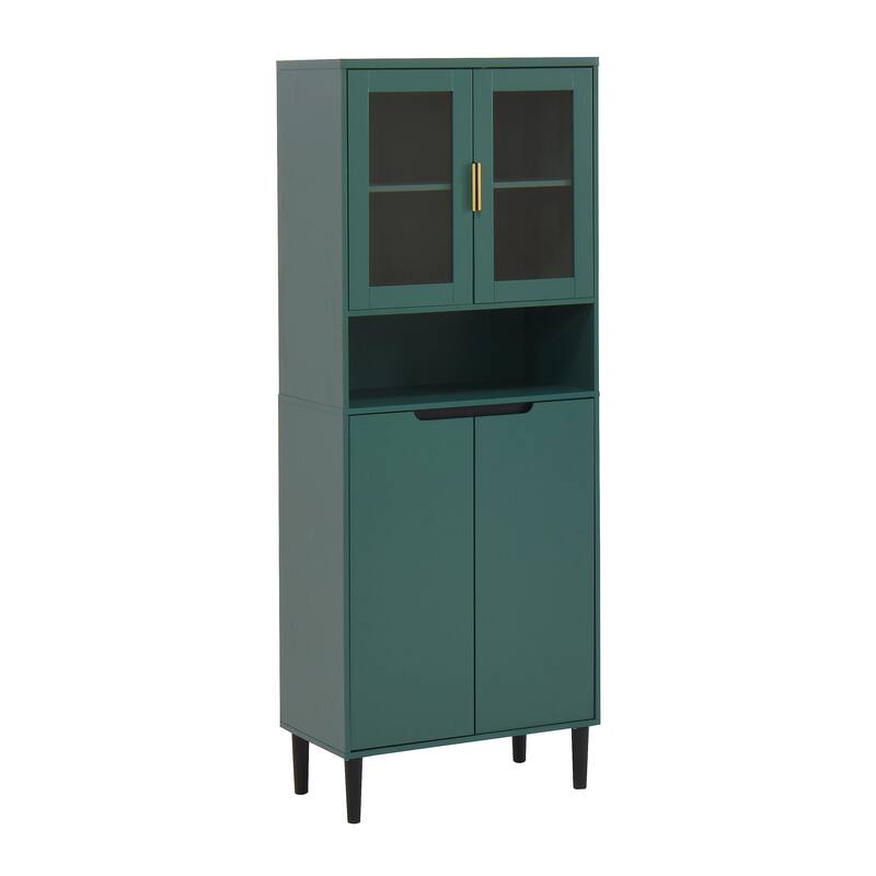 Tall Kitchen Pantry Cabinet with 2 Glass Display Doors & 2 Solid Doors