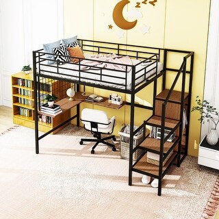 Full Size Metal Loft Bed with Desk and Metal Grid Wardrobe