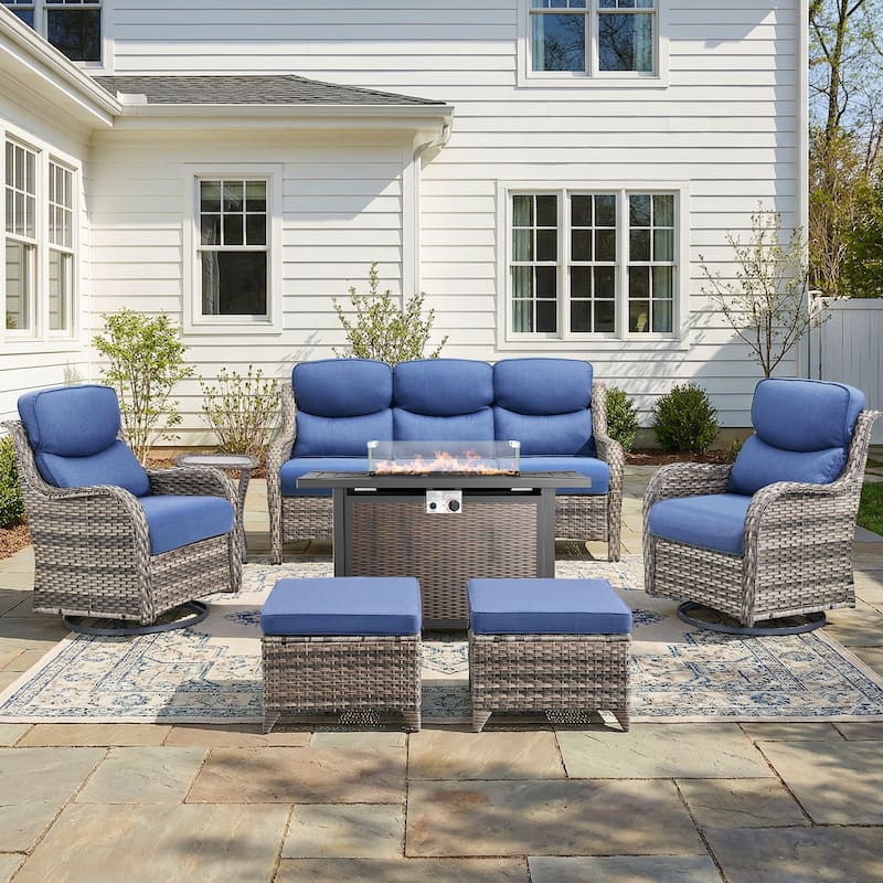 Pocassy Patio Sofa Swivel Chair Set with 43" Fire Pit Table - Gray Wicker Blue Cushion - 7-Piece Sofa Swivel Chair Ottoman w/ Fie Table