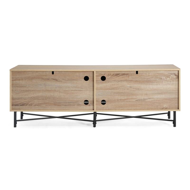 Modern Multifunctional 4-Door TV Stand with 2 Storage Spaces and Adjustable Shelves, for Living Rooms, Natural