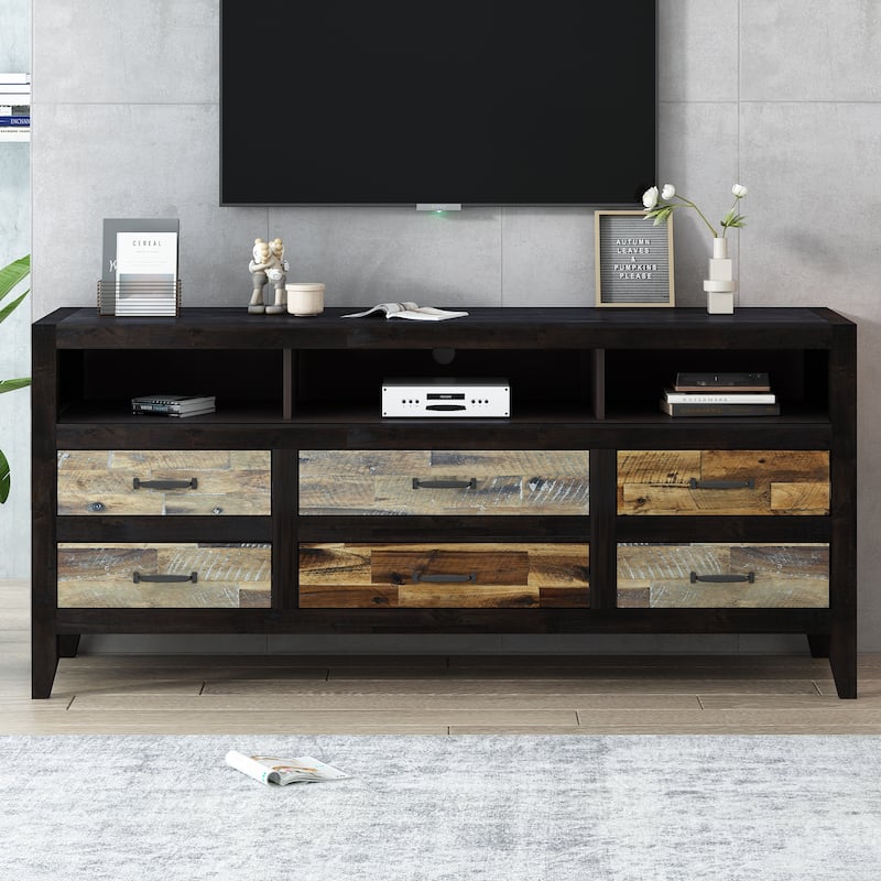 63.8" Retro Distressed TV Stand with 6 Drawers & 3 Shelves for TVs Up to 65"