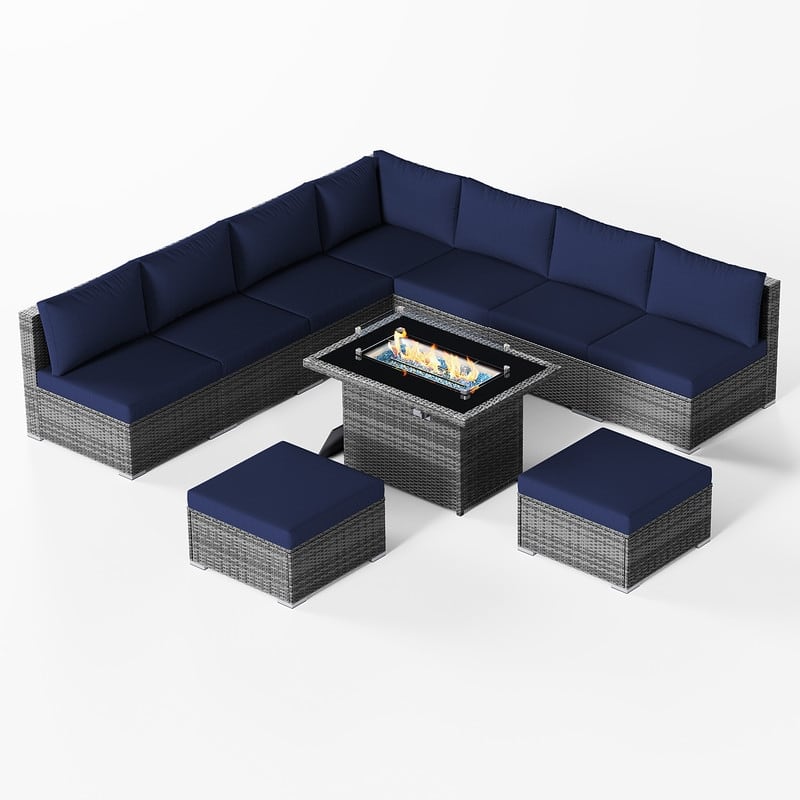 10-Piece Outdoor Furniture Wicker Sectional Patio Conversation Set with Fire Pit Table for Backyard - 10 PCS